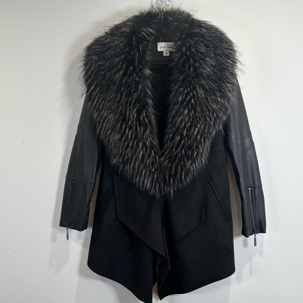 BNWOT Joseph Ribkoff Black Faux Fur Collar Waterfall Coat Jacket Size S/P - Picture 3 of 14